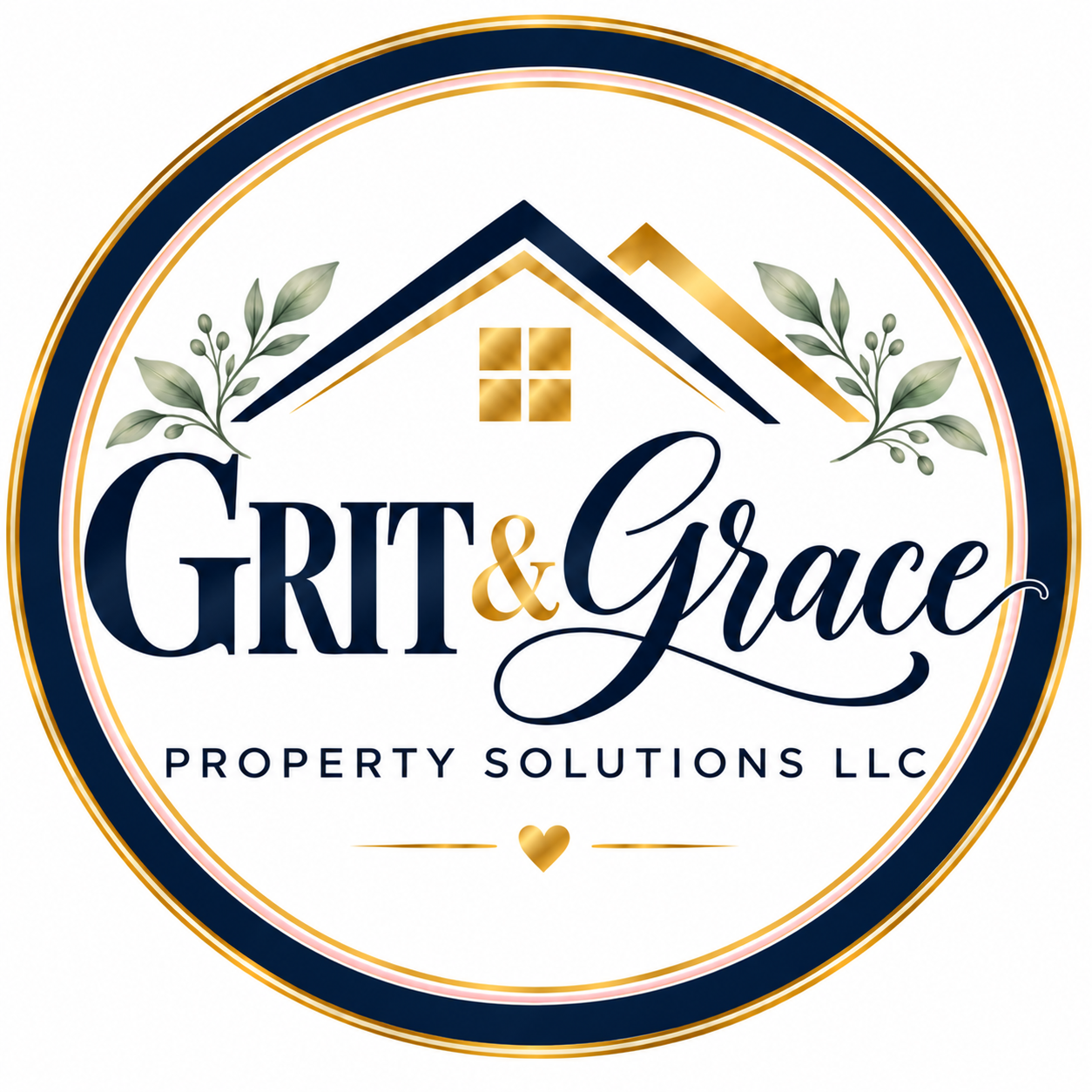 Grit & Grace Property Solutions LLC — navy and gold logo with green leaves