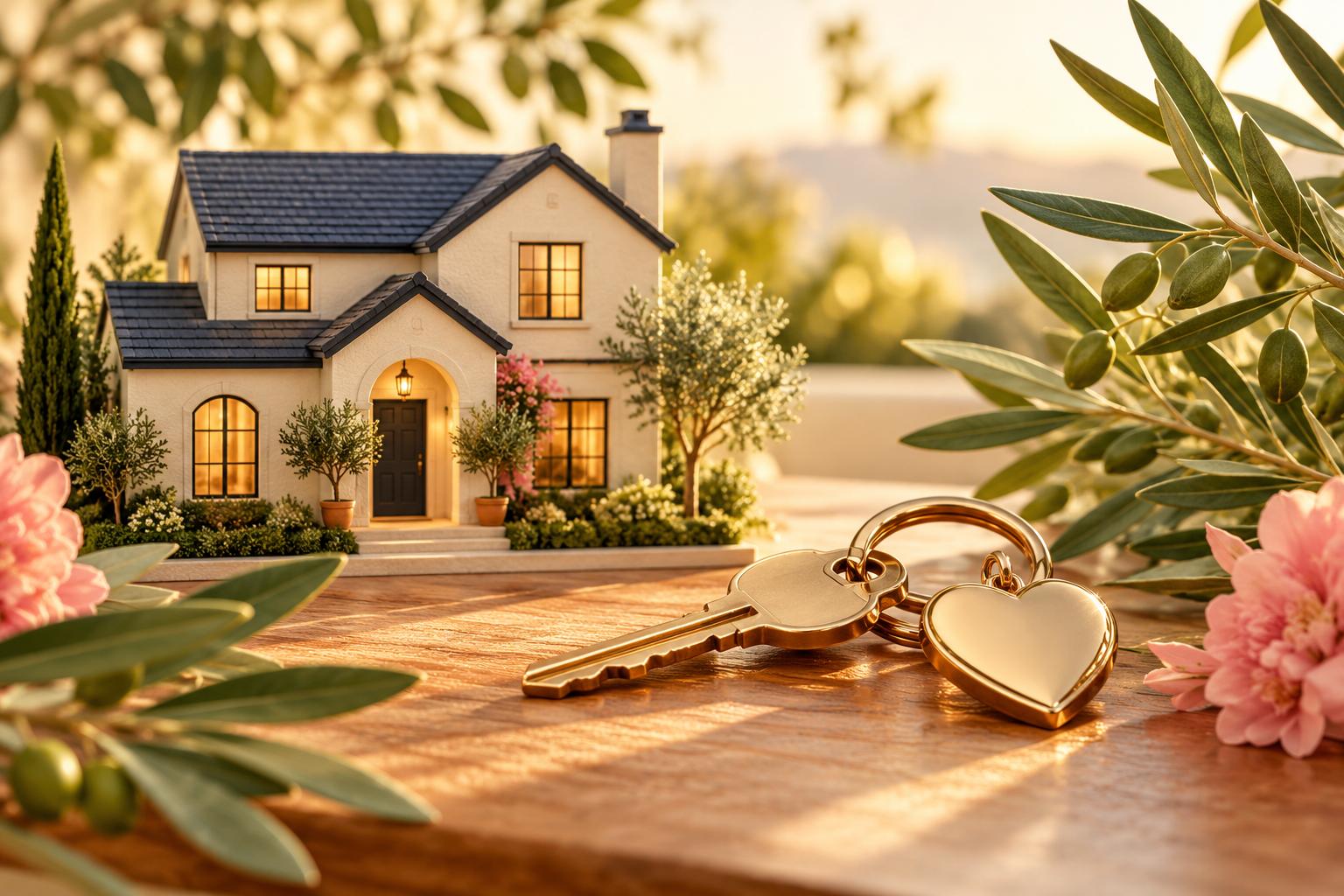 A warmly lit miniature home and gold house keys surrounded by green leaves and blush flowers